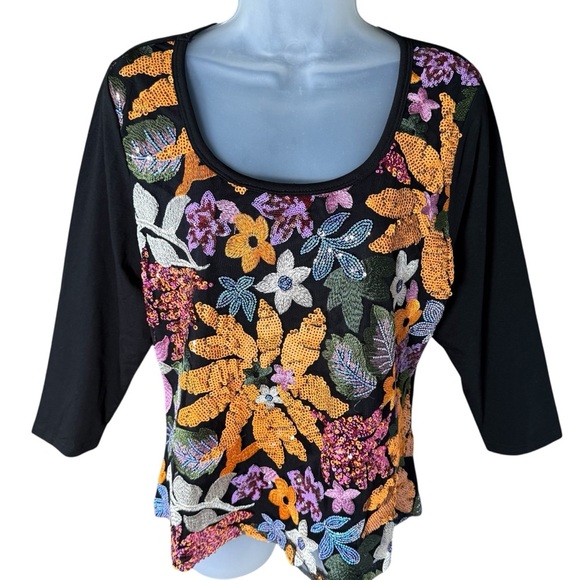 AZI New York Black Top L Sequin Beaded Embroidered Glam Party Evening Maximalist - Picture 2 of 8